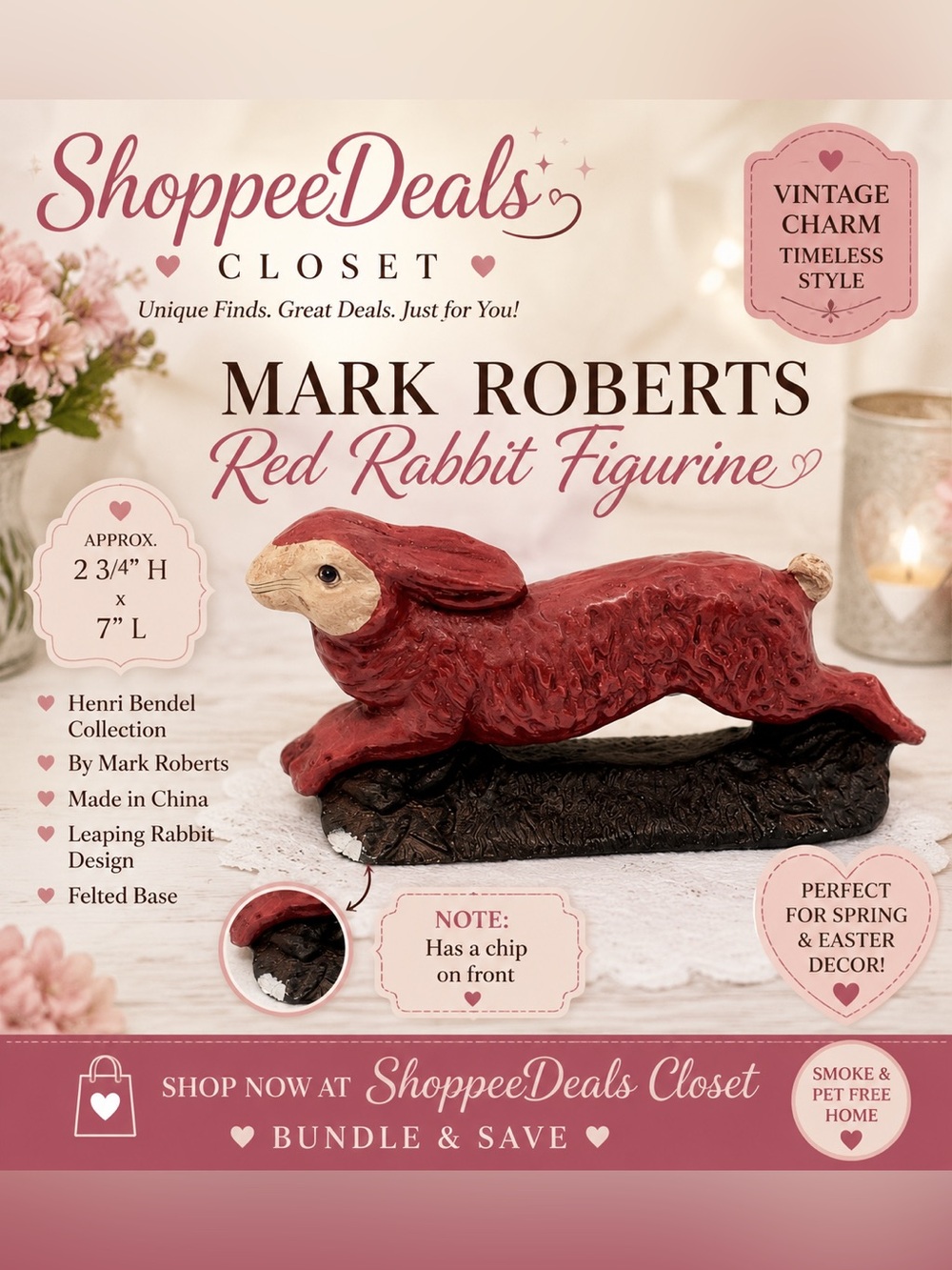 Mark Roberts Henri Bendel Red Rabbit Figurine 7” Vintage Style Decor